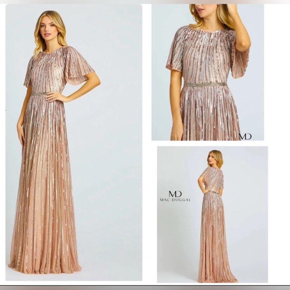Nwt MAC DUGGAL Butterfly-sleeve Vertical Sequin A-line Gown In Rose Pink